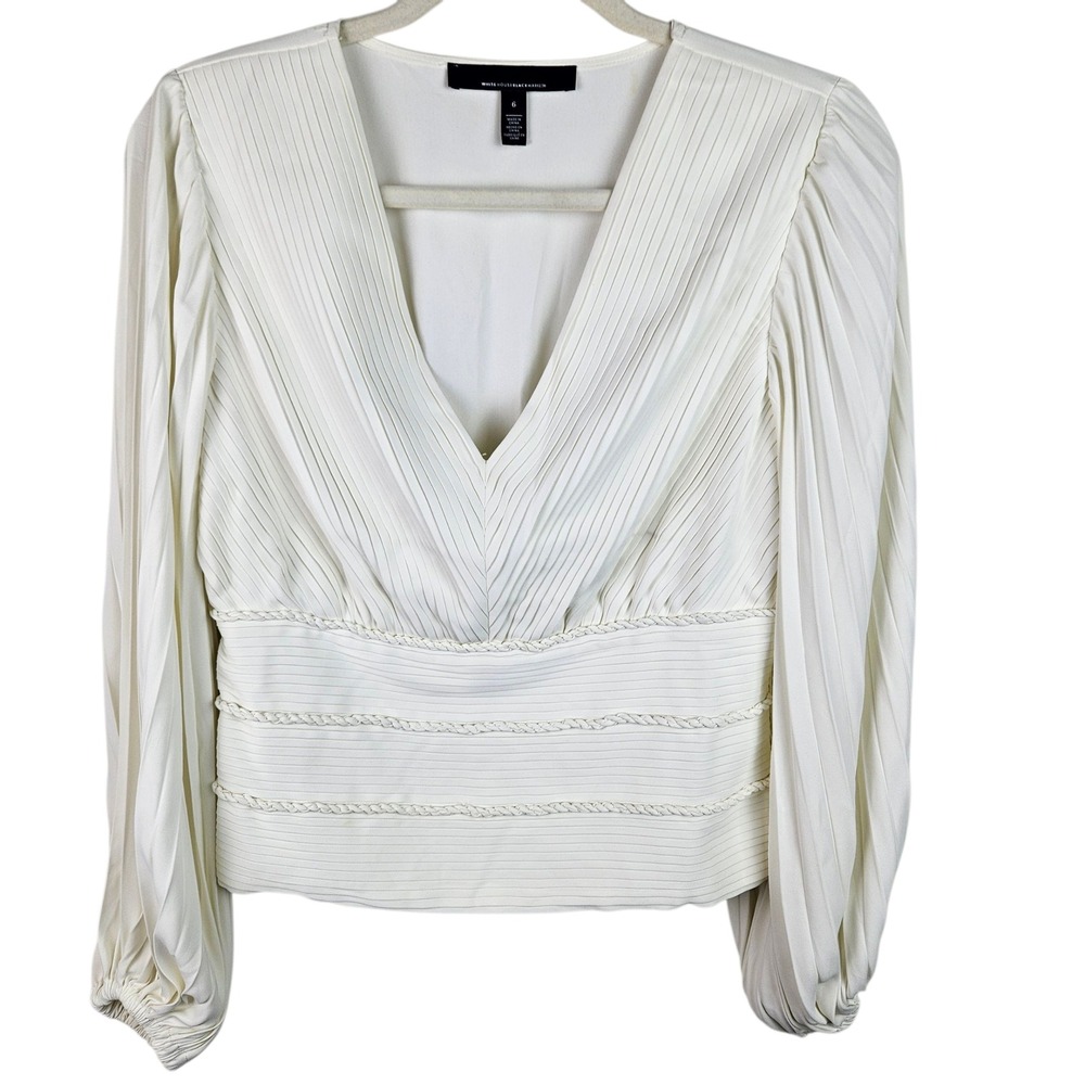 White House Black Market Blouse Size 6 Ivory Pleated‎ V Neck Long Sleeve Top